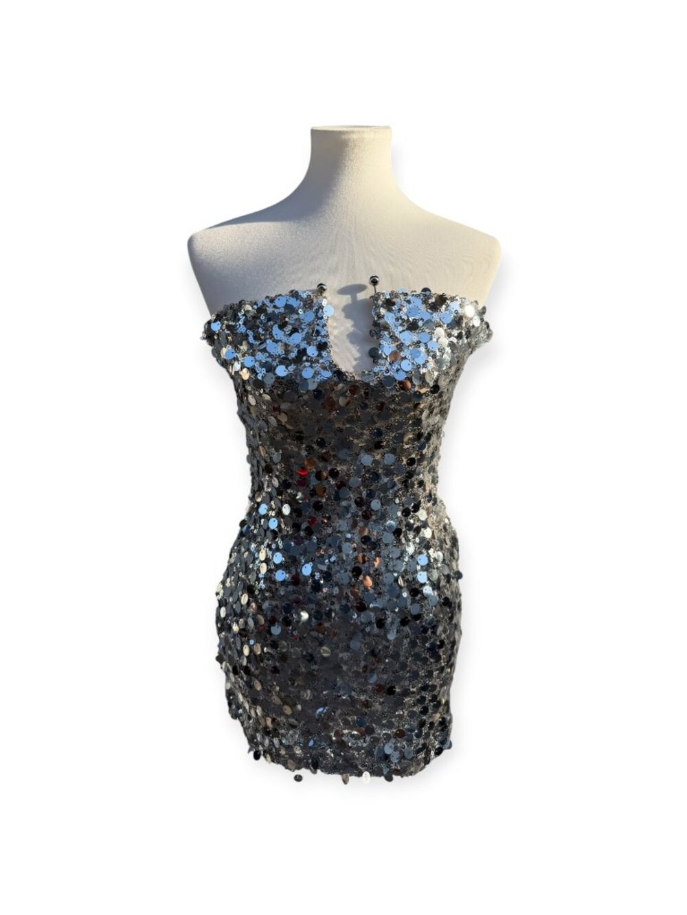 Blanc Clothing Silver Sequin Mini Dress Small Strapless Notch Neck Bodycon Party